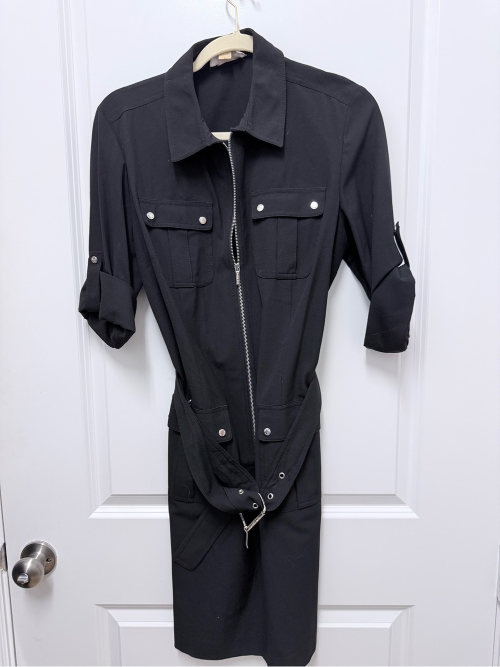 Michael Kors Black zip up belted dress.